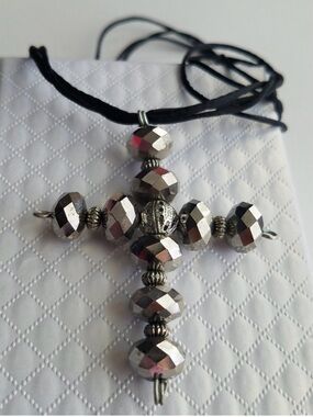 Swarovski Elements Metallic Silver Cross Necklace on Satin Cord - Handmade